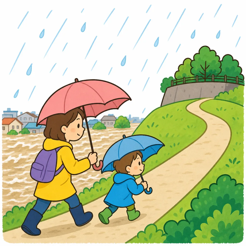 大雨のときは川に近づかず、早めに安全な場所へ移動しよう。
