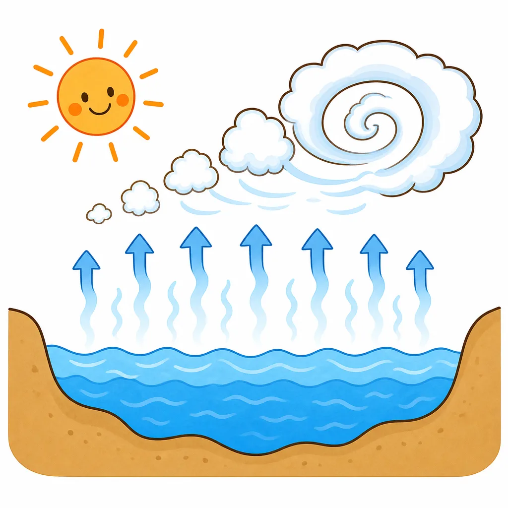 あたたかい海の水蒸気が集まって台風ができるしくみ。
