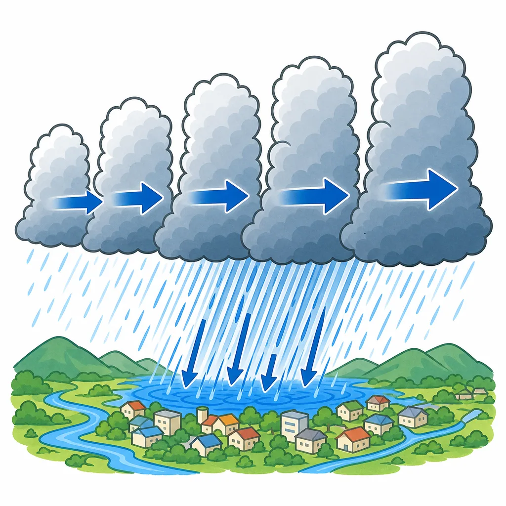 強い雨雲が列になってならぶ線状降水帯のイメージ。