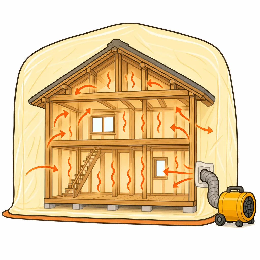 建物をシートでおおい、なかにあたたかい 風を 送りつづけるしくみです。
