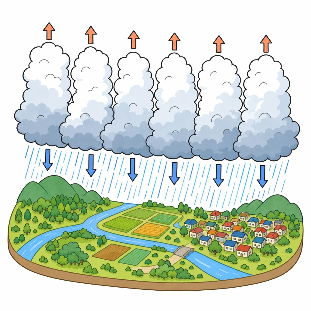 積乱雲が 列になって 同じ 場所に 雨を 降らせる しくみ。