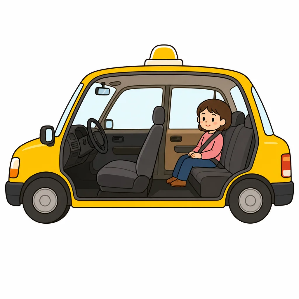 運転手のいない車内。乗客は後ろの座席にすわって待つだけ。
