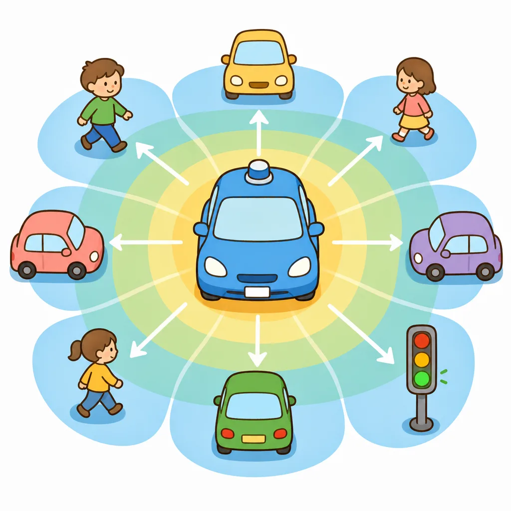 車のまわりをセンサーが360度感知し、AIが判断して走るしくみ。
