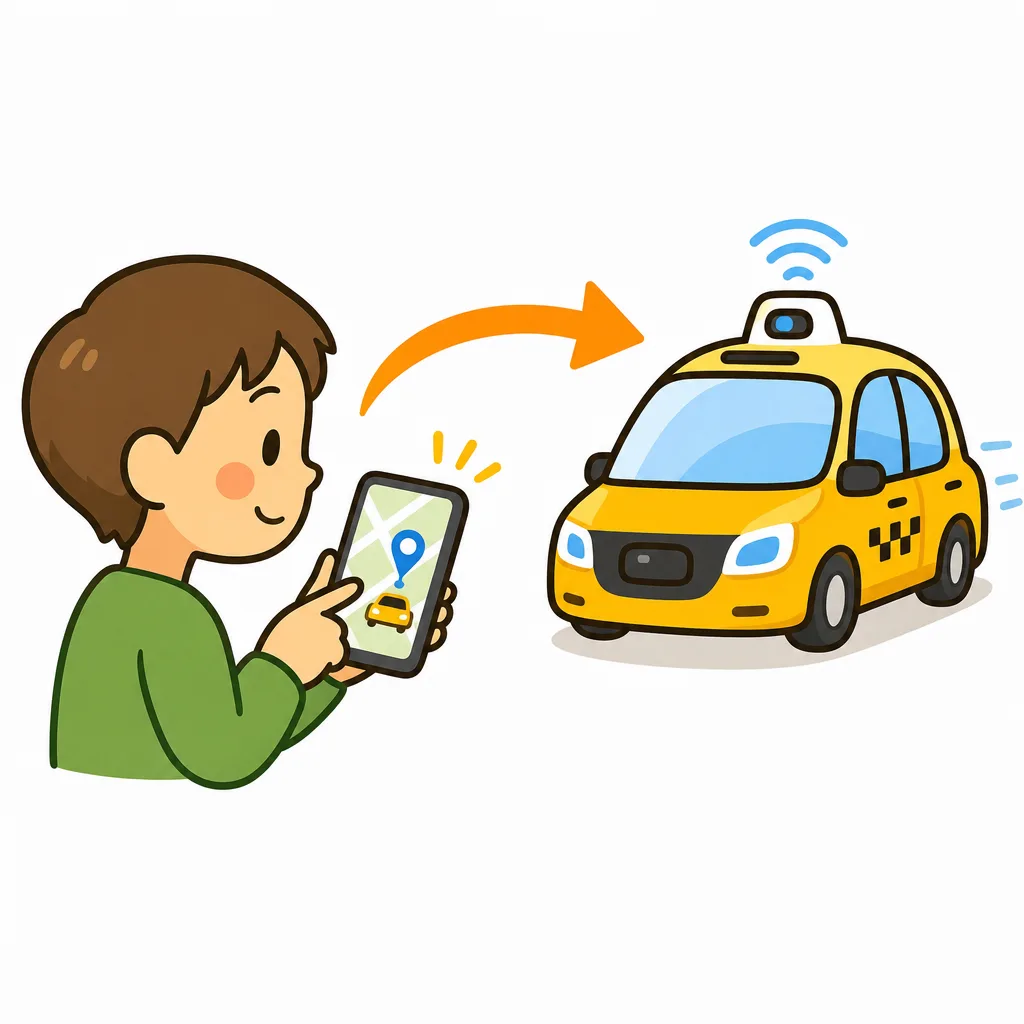 スマホのアプリで車を呼ぶしくみと自動運転タクシーを組み合わせる計画。