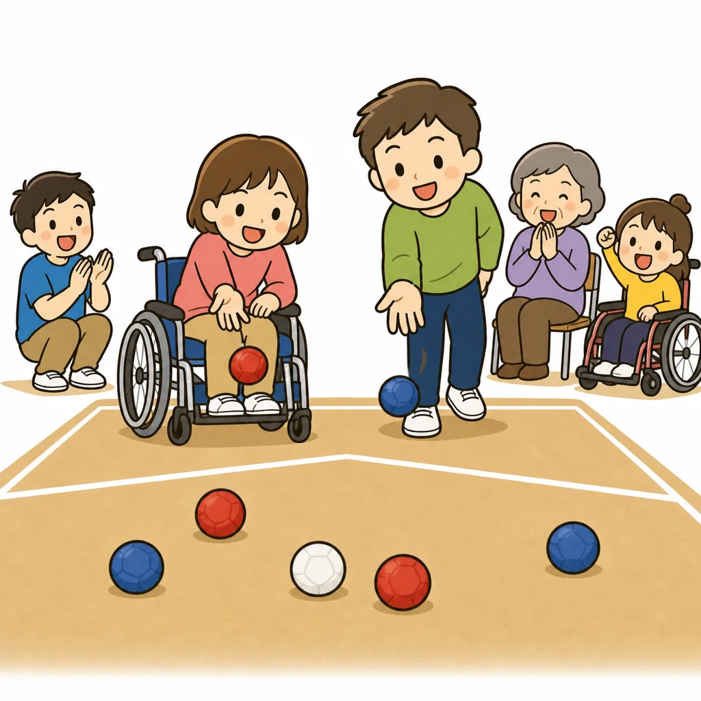 車いすの人も、立っている人も、同じコートで一緒に競います。