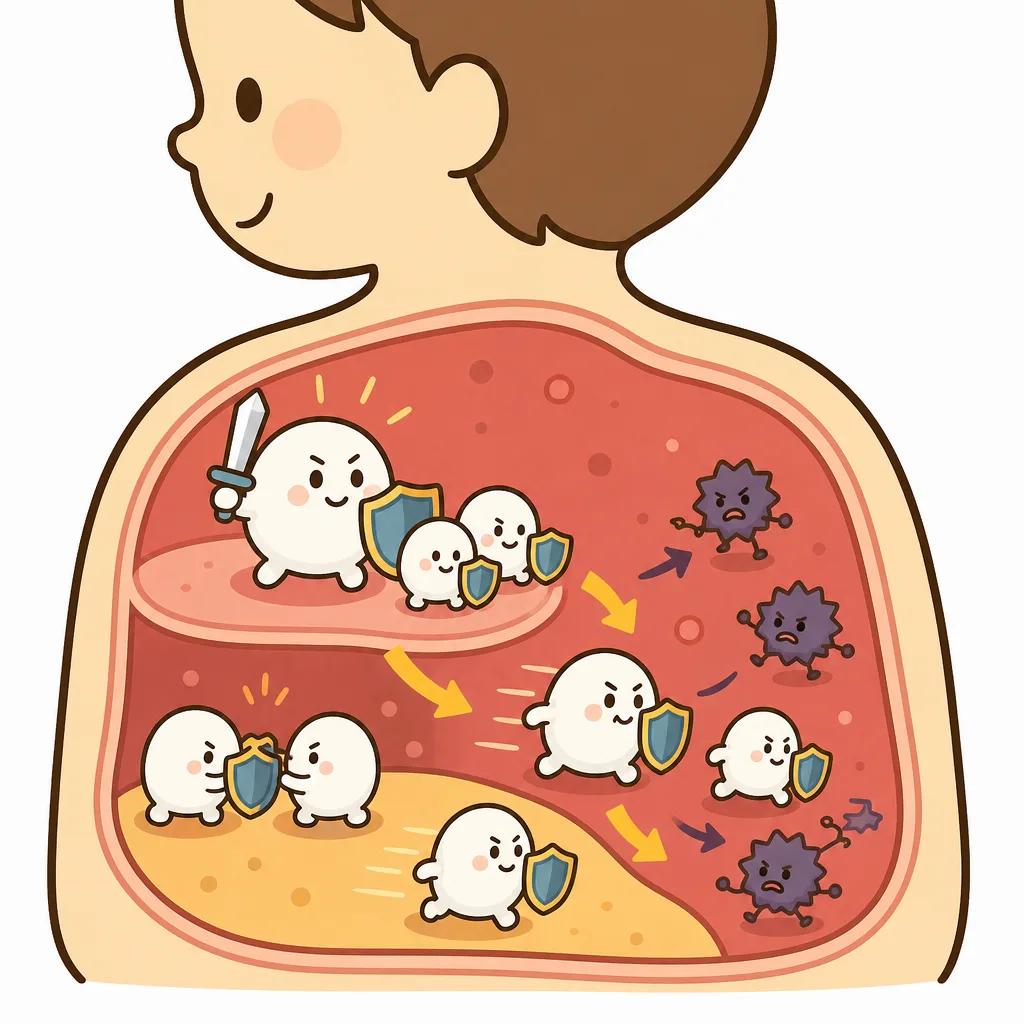ワクチンが体を守る仕組みを前もって準備させる様子の断面図。