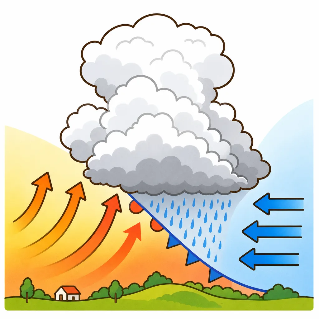 秋雨前線の えいきょうで、雨雲が 発達するしくみ。