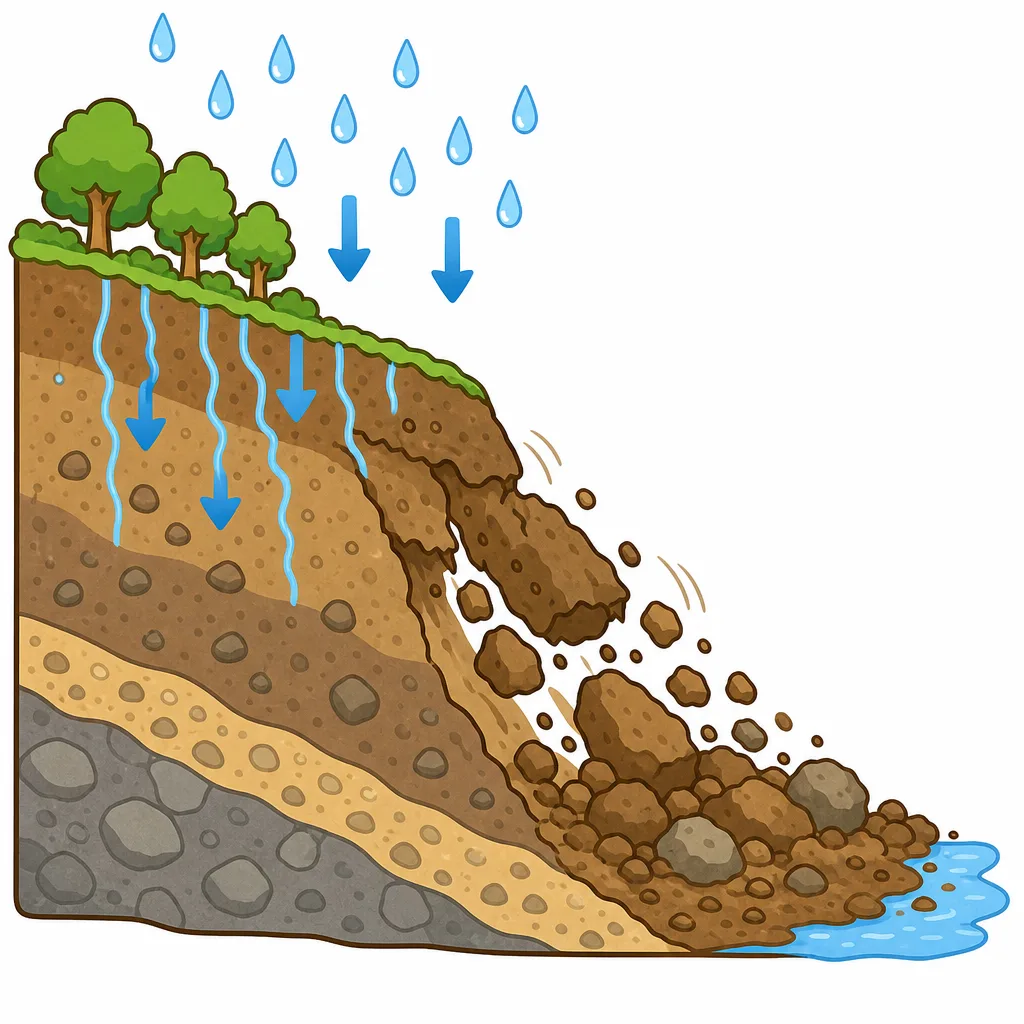 水を ふくんだ 山や がけの 土が くずれるようす。