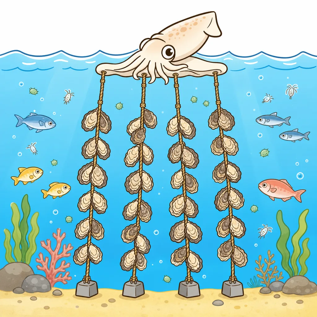 かきは 海の 中のロープに つるして 育てられます。
