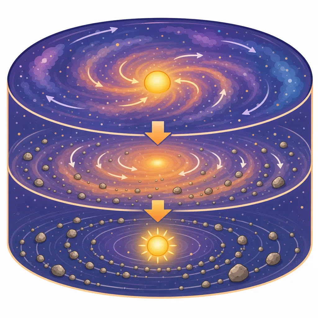 ちりやガスが集まって太陽や天体ができていくようす。
