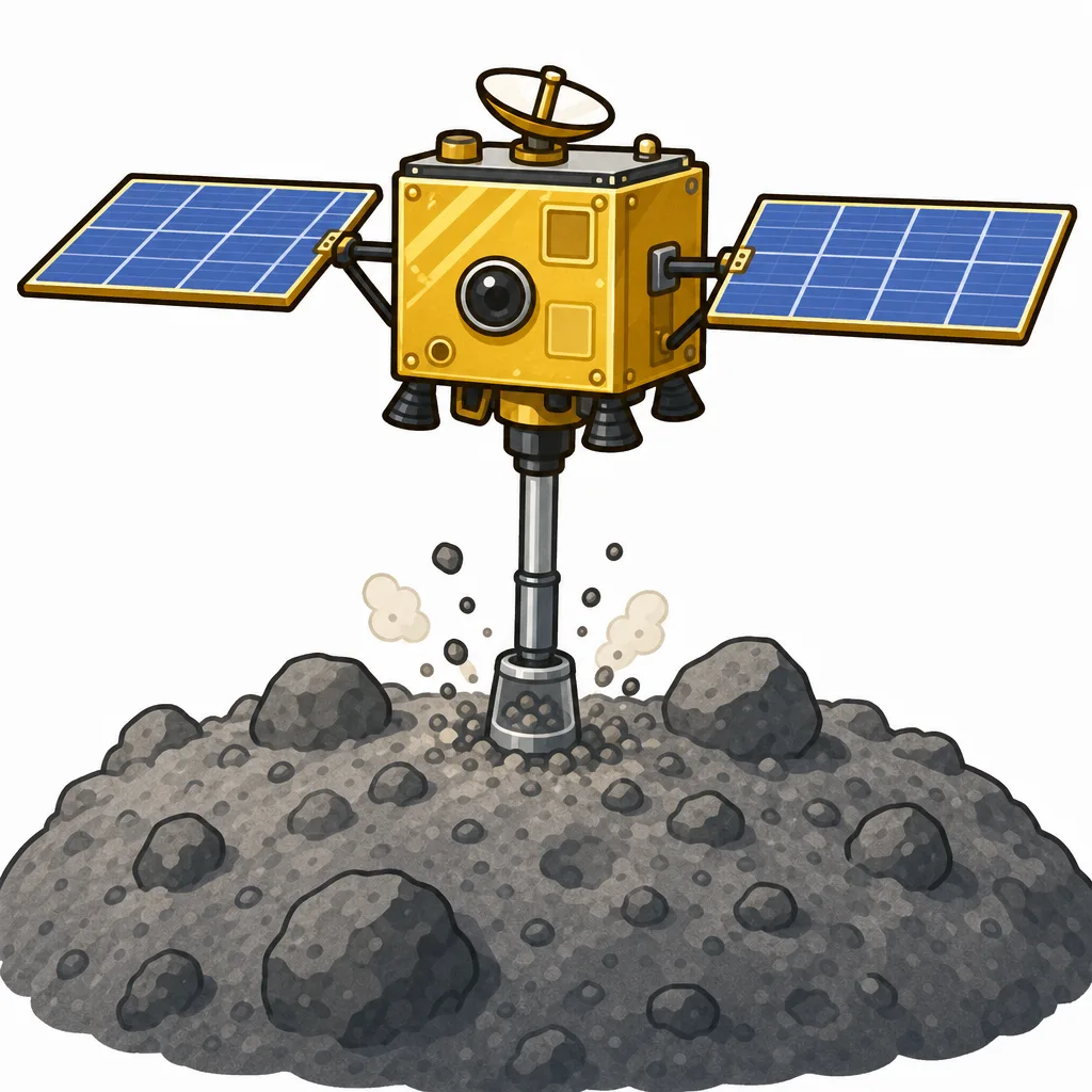探査機はやぶさ2がリュウグウに近づき、石を集めるようす。