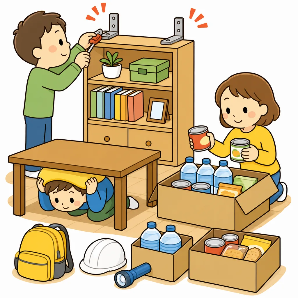 家具を 固定し、ゆれたら 頭を まもる。ふだんの そなえが 身を 守ります。