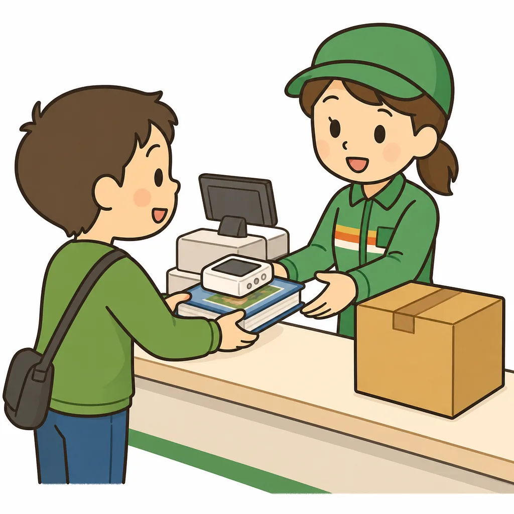 レジの 窓口で 中古品を 買い 取ったり、荷物を 発送したり できます。