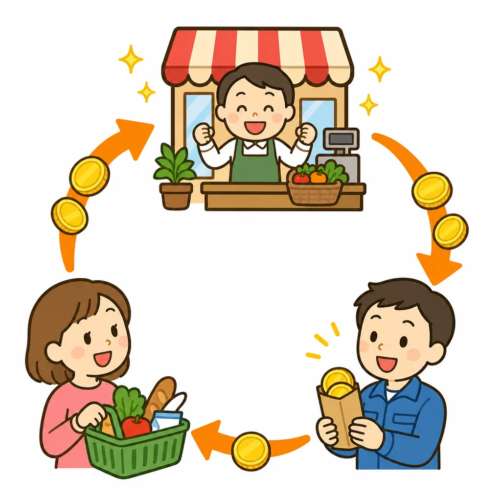 買い物→お店がもうかる→給料が上がる、とお金が回るようす。