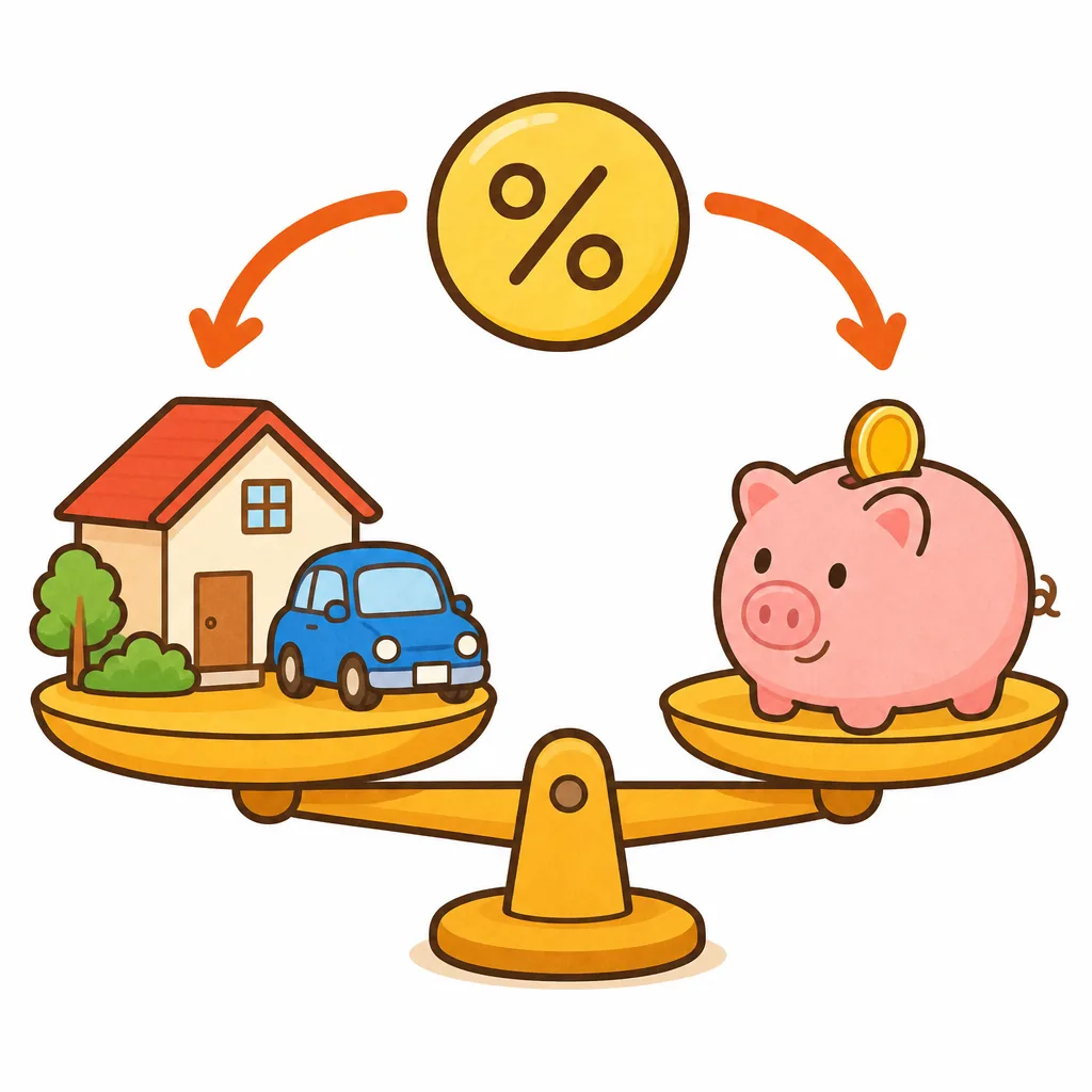 金利が 上がると、ローンはふえ、貯金のりそくもふえます。