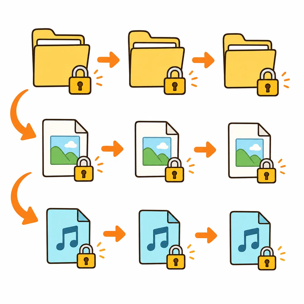 コンピューターの中のファイルが、つぎつぎにカギをかけられていくようすです。