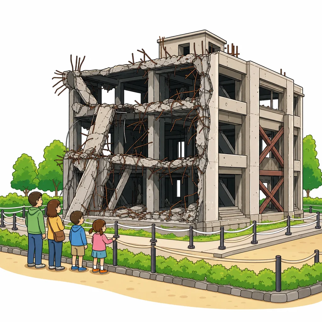 被災した 建物を 当時のまま 保存した 震災遺構です。