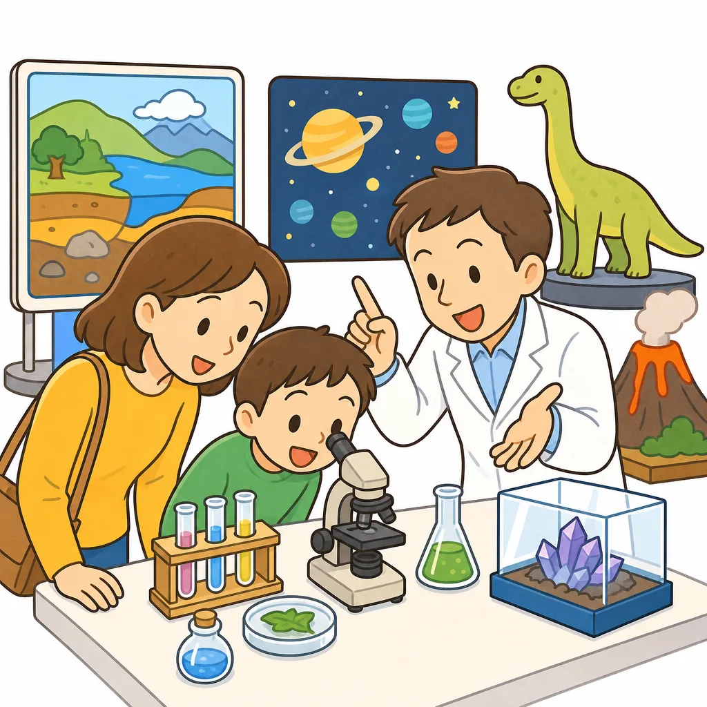 展示や実験を体験し、しつもんし合うようす。