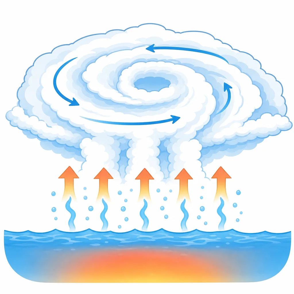 あたたかい海が台風のエネルギーになる様子。