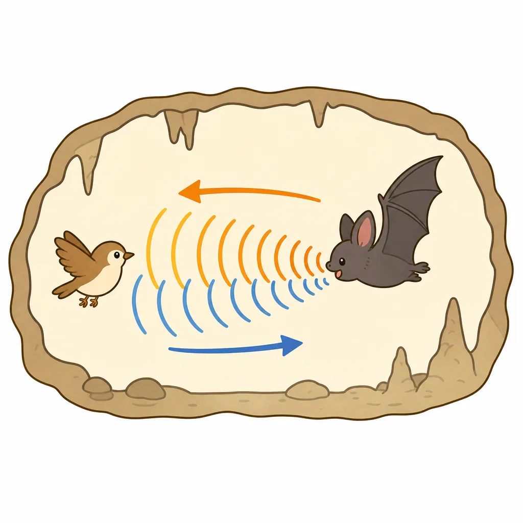 コウモリが 出した 音がものにあたって、はねかえってくるしくみの 図。