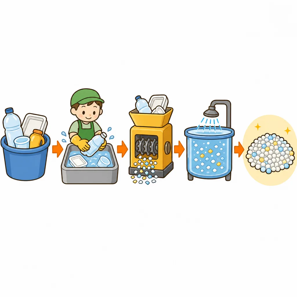 集める、洗う、砕く、新しい原料にする、というリサイクルの流れ。