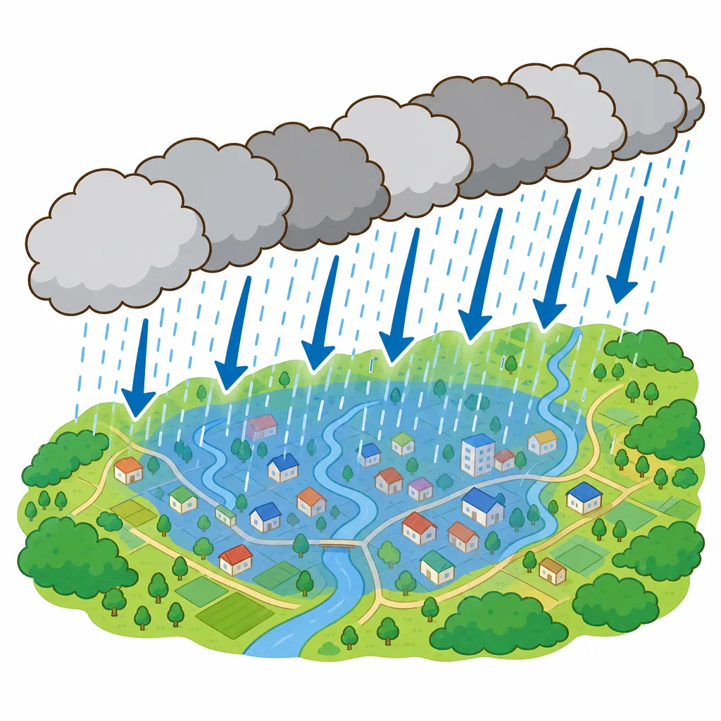 雨雲が次々と同じ方向にならび、帯のようになる。