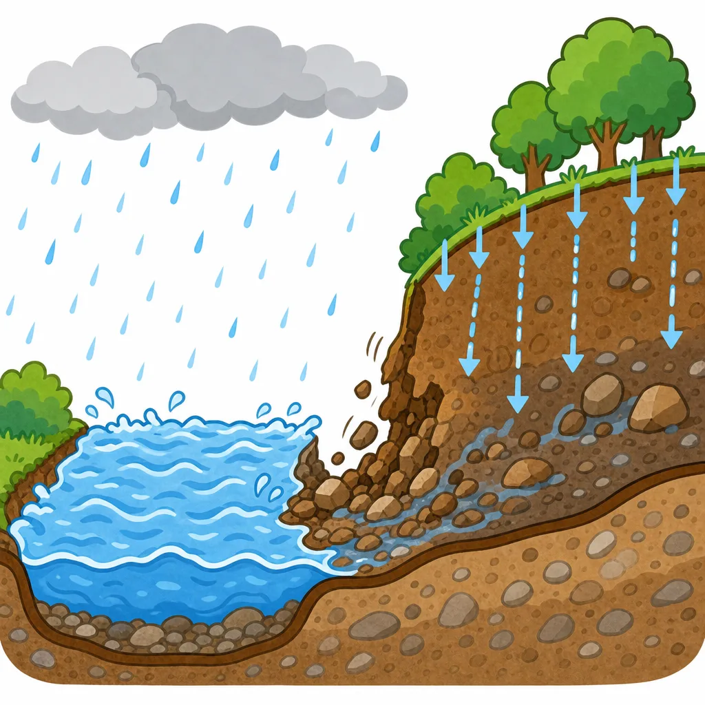 大雨で、かわの氾濫や山の土砂災害が起きやすくなる。
