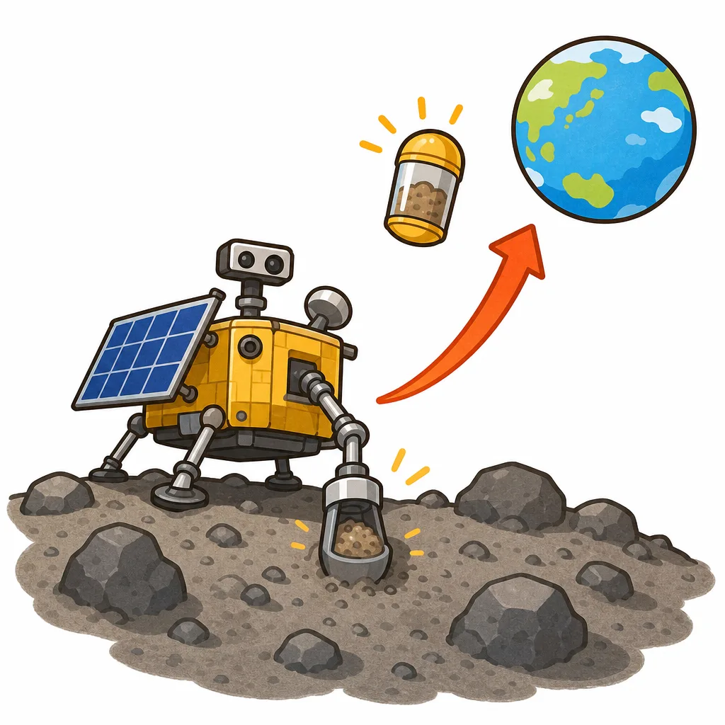 衛星の表面から砂を採る探査機のようす。