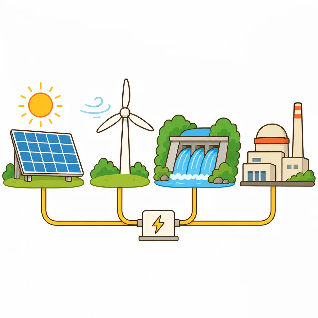 太陽や風、原子力など、電気をつくる、いろいろな方法。