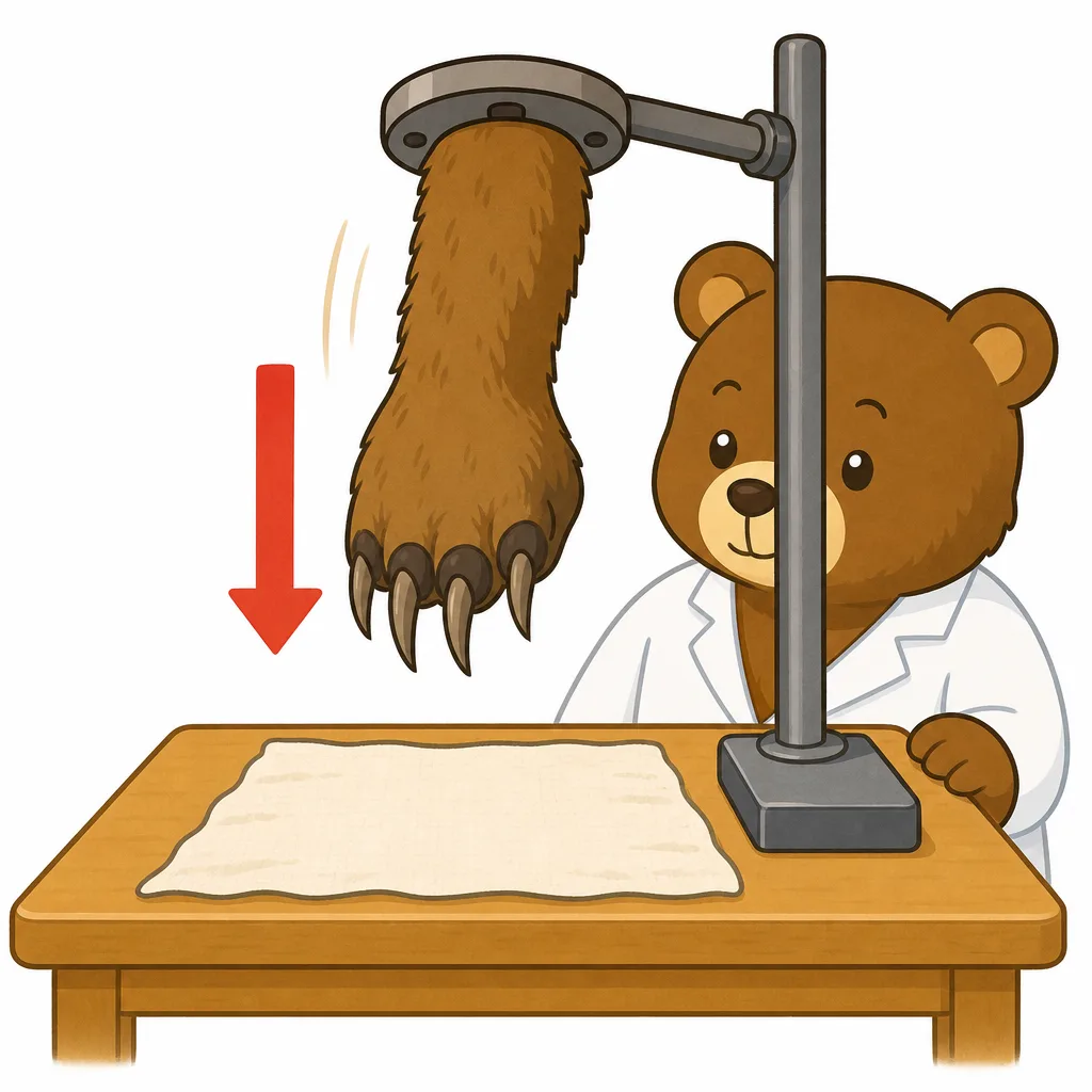 ツキノワグマの 剥製の 手を 振り 下ろして 布を ためすようす。