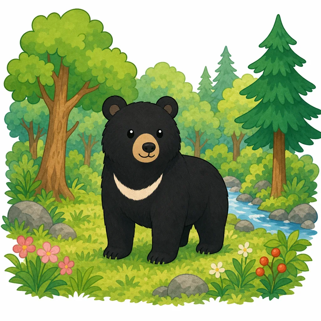 日本の 山にすむ ツキノワグマ。むねの 白い もようが とくちょう。