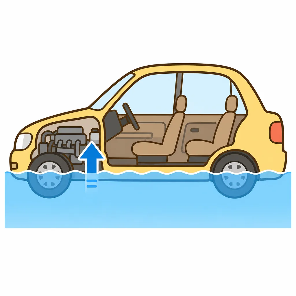 タイヤの半分ほどまで水が来ると、エンジンに水が入ってしまう。