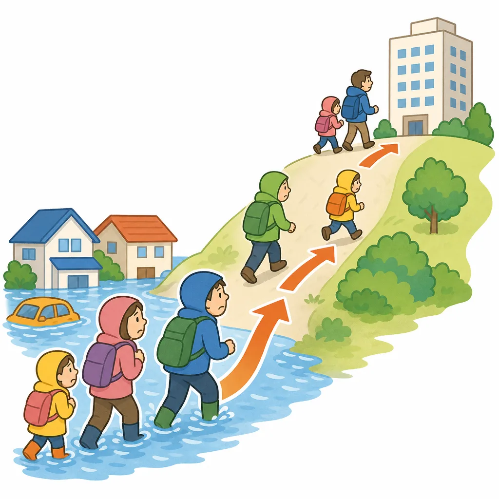 水が増えているときは、むりに車に近づかず、高い場所へ避難する。