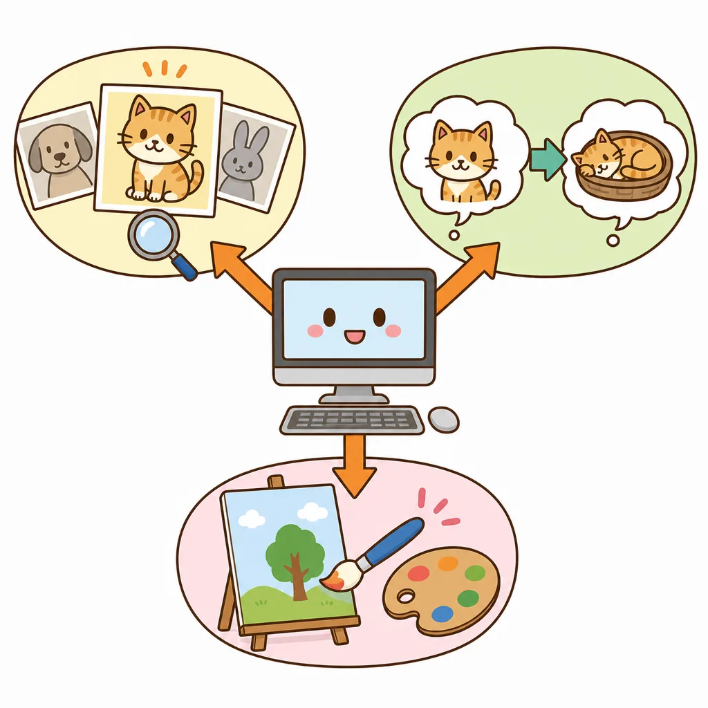 AICができることの例。しゃしんの見わけ、translate、絵をかくことなど。