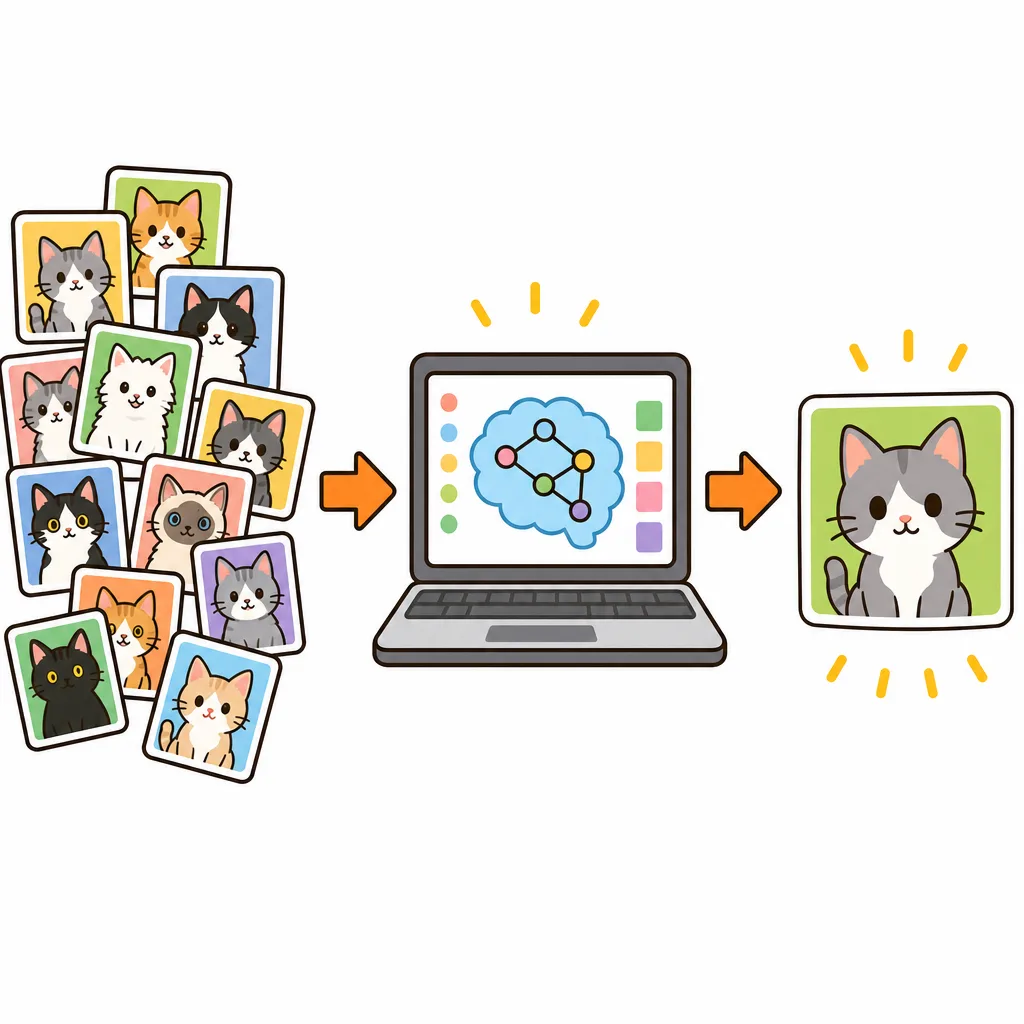 たくさんのしゃしんというデータから、AICがねこの特徴を学習するようす。