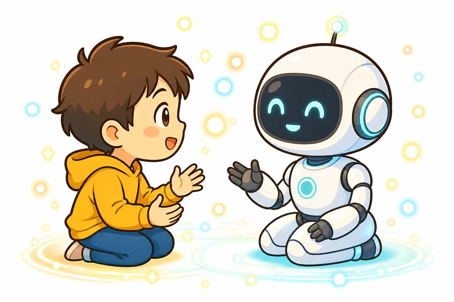 人間と会話するロボットのイメージ。AICはくらしの中でわたしたちを助けてくれる。