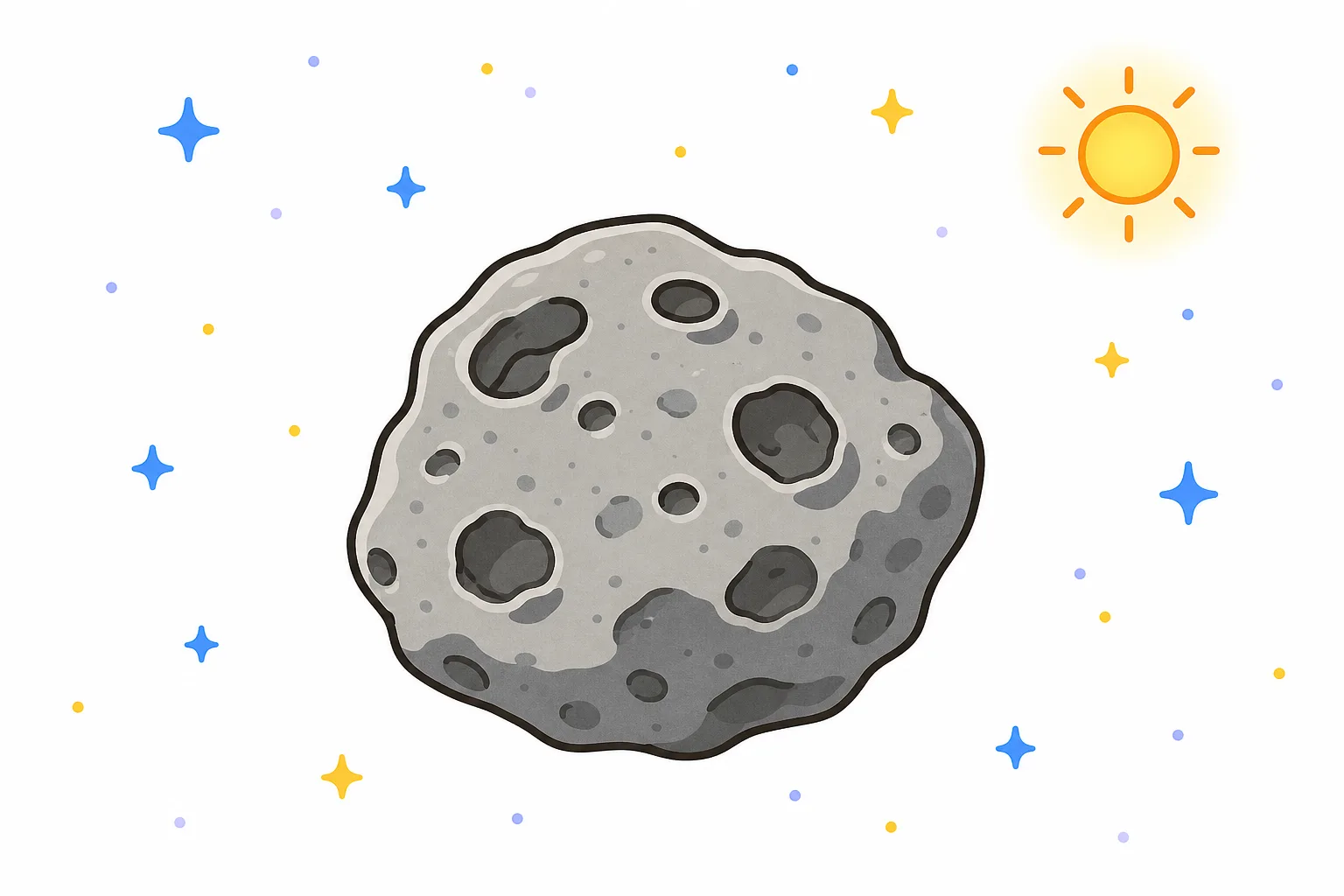 太陽の光りをうけて宇宙にうかぶ小惑星。