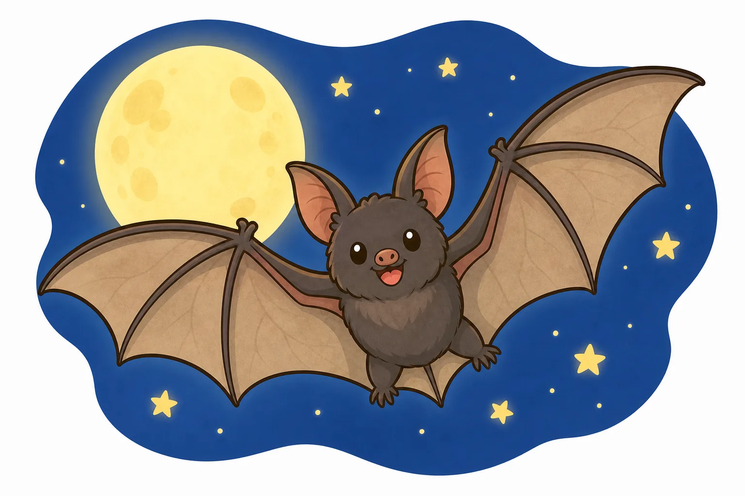 夜の空を飛ぶコウモリのすがた。