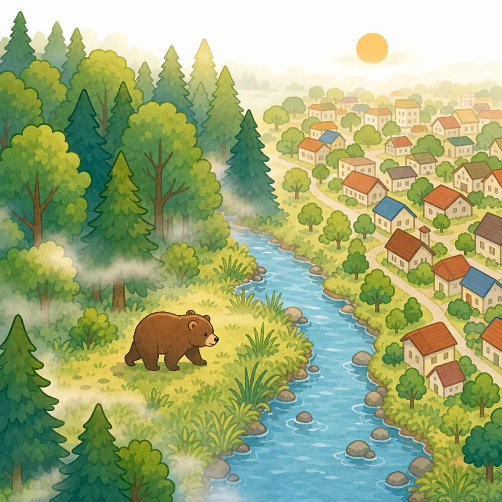 クマは 朝・夕方に 活動し、森とまちのさかいに あらわれやすい。