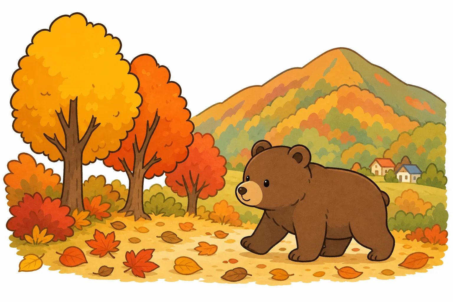 秋に 山をおりて、まちの 近くにあらわれるクマのイメージ。