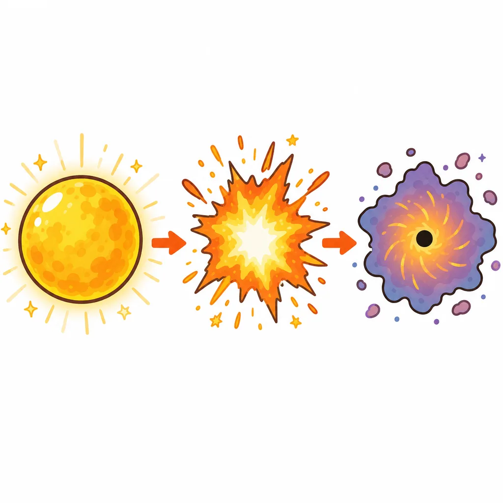 重い 星が ばくはつし、まん中が つぶれて ブラックホールに なるまでの 流れ。