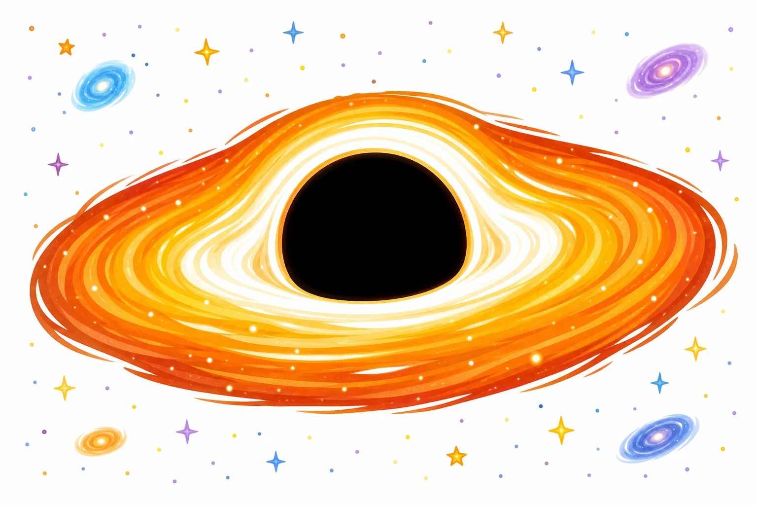 中央が 黒い ブラックホールで、まわりを うずまく ガスが ひかっている 様子。