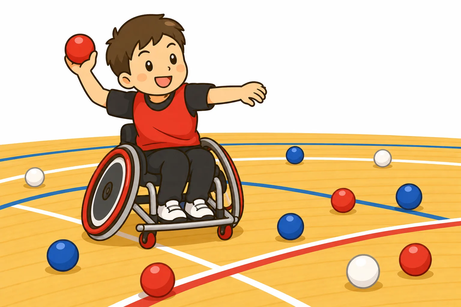 コートでボールを投げる選手。ねらいをつけて目標球に近づける。