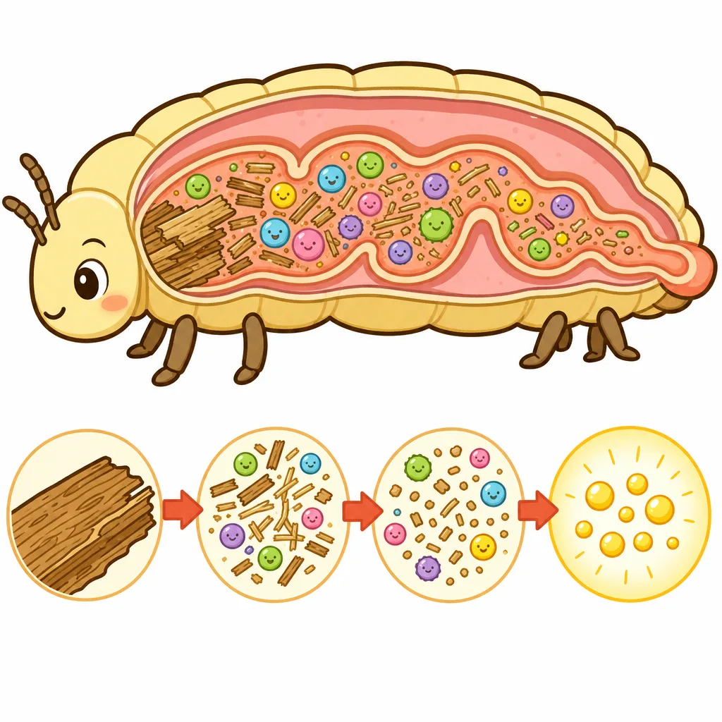 虫の 腸の 中のびせいぶつが、セルロースを 分解します。
