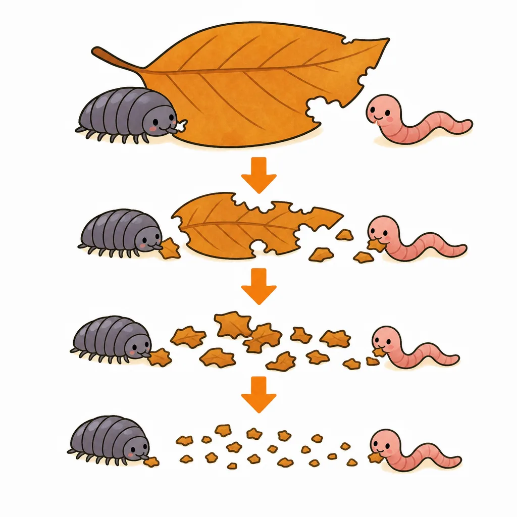 まず ダンゴムシや ミミズが、おち葉を 食べて 小さく します。