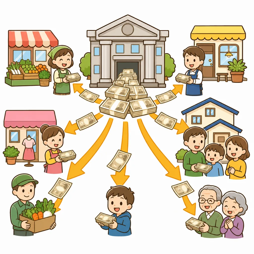 お札を つくって 世の 中に 送りだす「発券銀行」の 役目。
