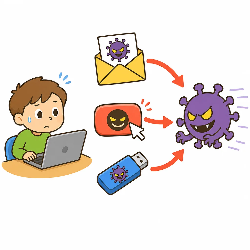 あやしい メールや リンクから ウイルスが 入りこむ 経路を 表した図です。