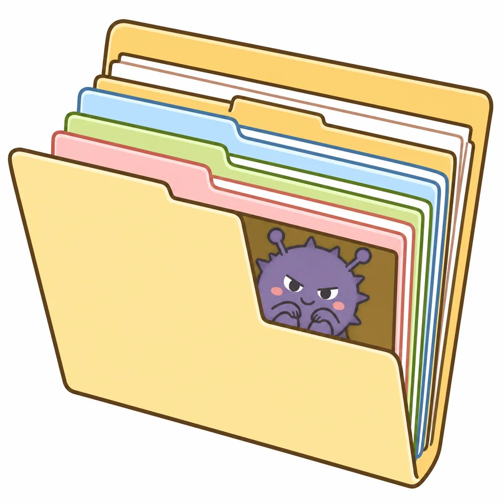 ウイルスが ほかの ファイルの 中に かくれる ようすを 表した図です。