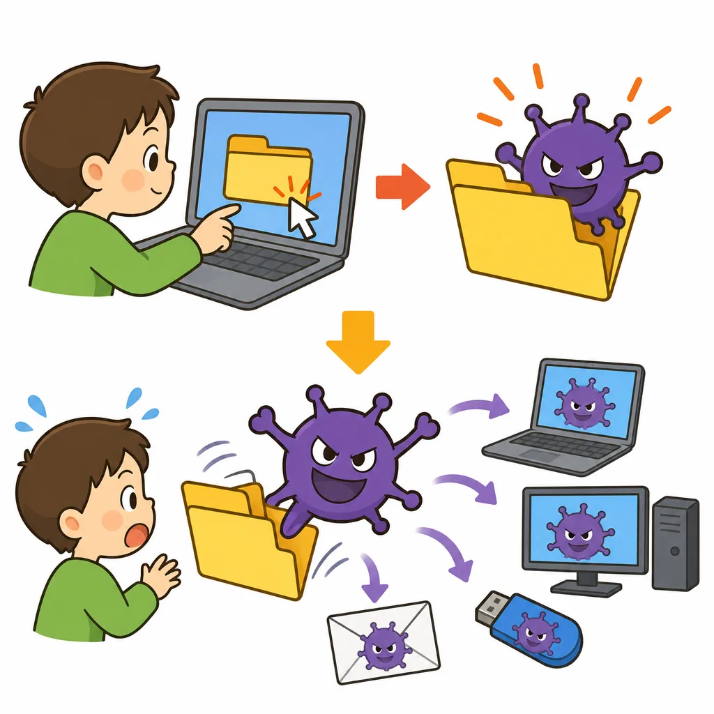 ファイルを 使った しゅんかんに、ウイルスが 動きだす ようすです。