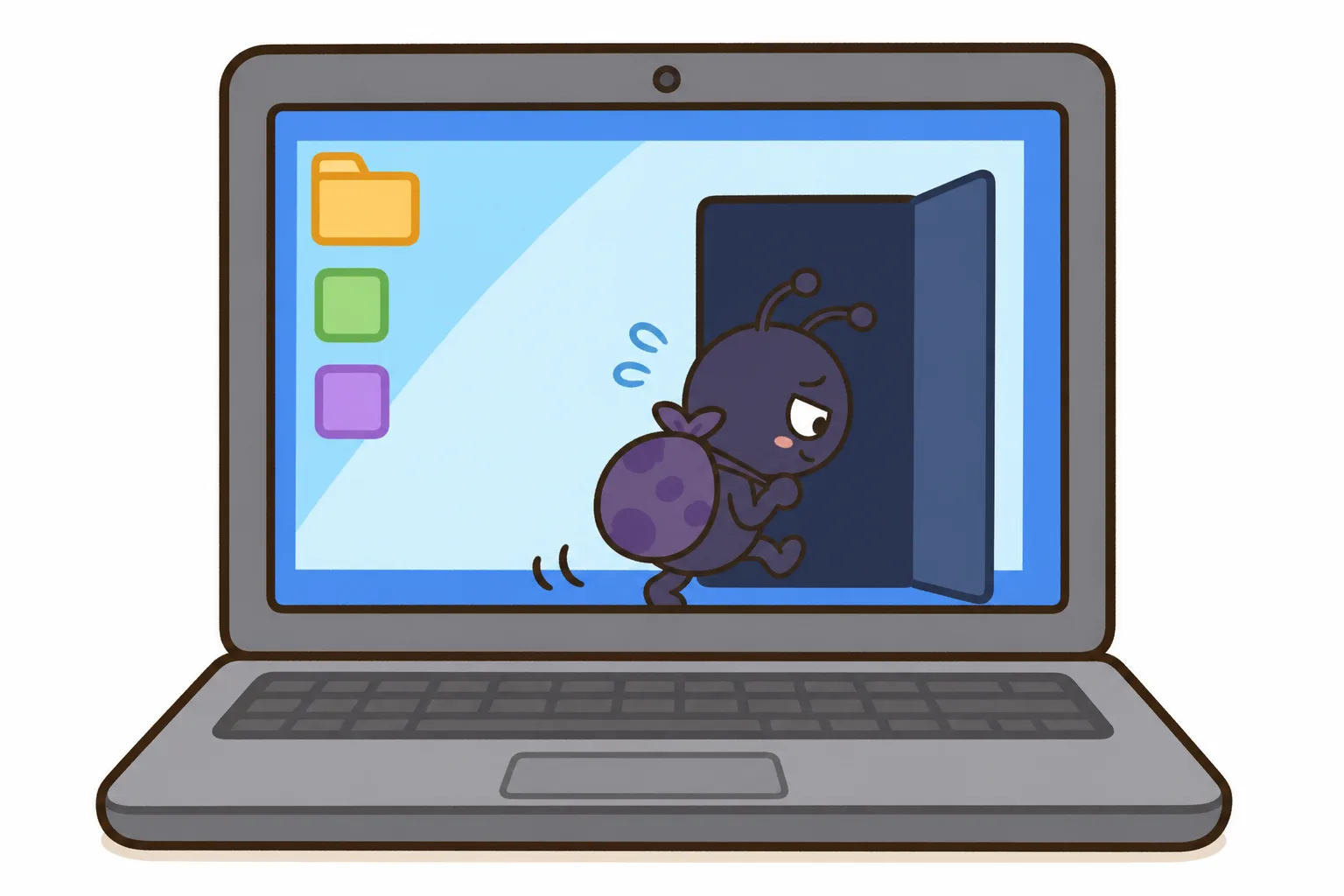 コンピューターの 中に しのびこむ、わるい プログラムの イメージです。